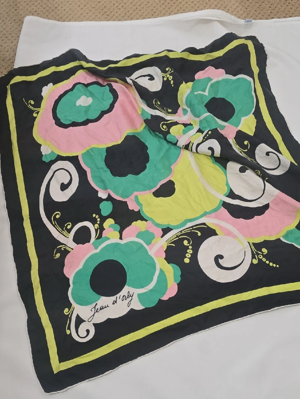 Black Floral‎ Print Silk Scarf — Pink, Green & Yellow